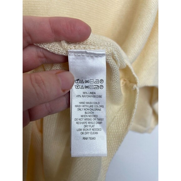 Tahari Small Linen Sweater Pale Yellow Knit V-Neck 3/4 Sleeve Pullover Oversized - Picture 7 of 8